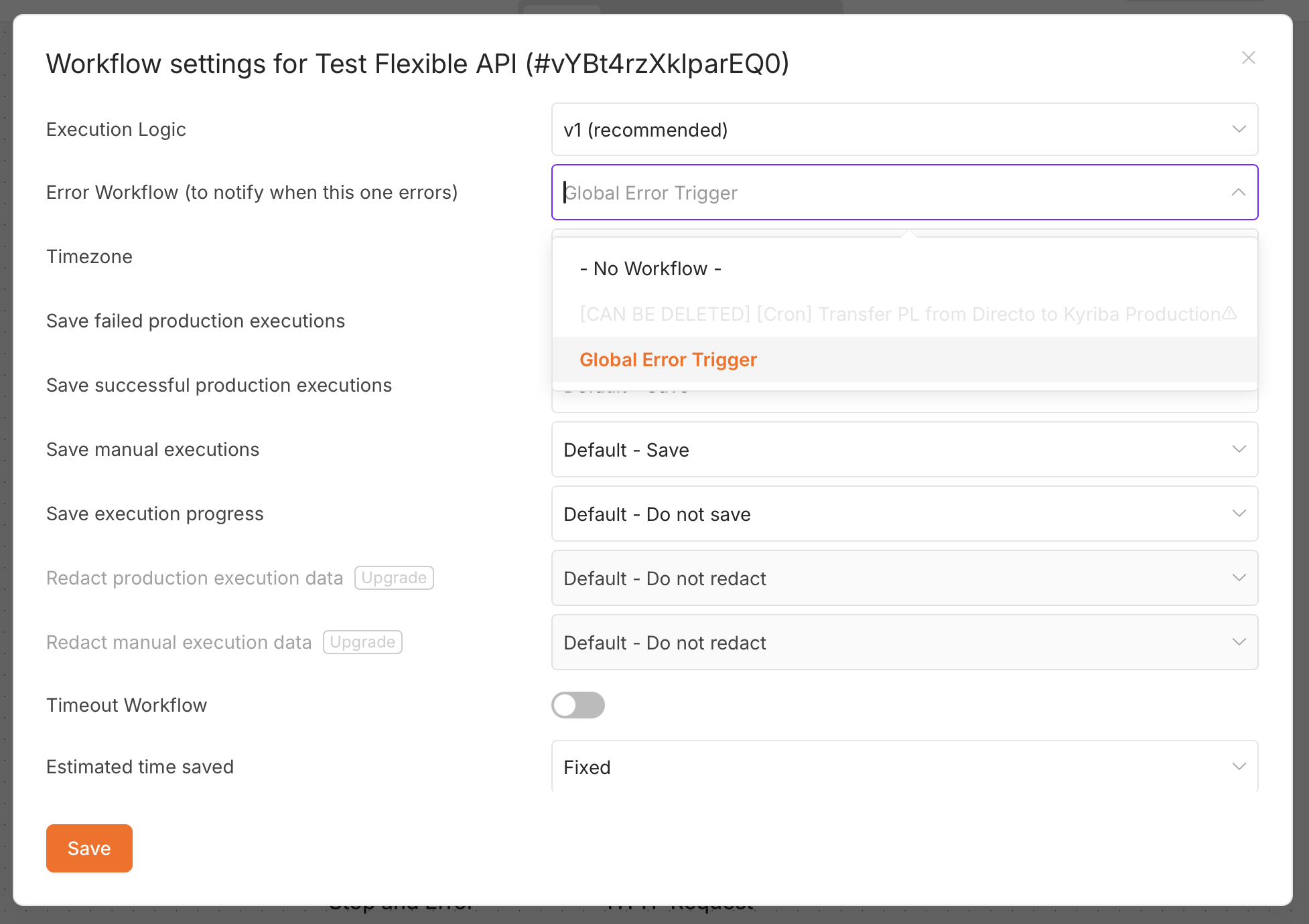 Selecting the error workflow in the n8n workflow settings Error Workflow dropdown