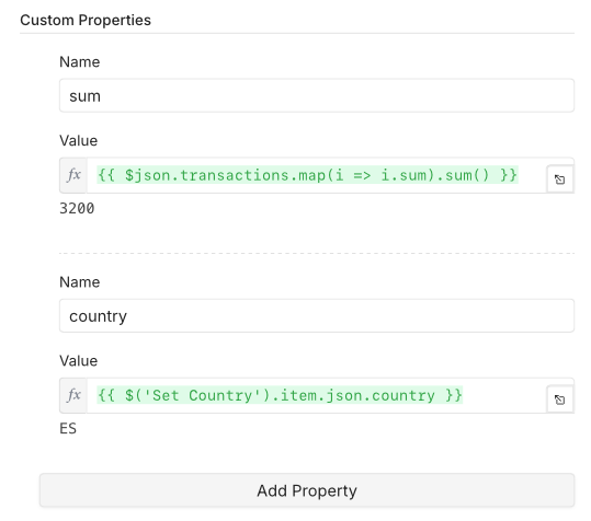 Custom Properties in the watchflow n8n node: a sum metric computed from transaction items and a country property pulled from another node