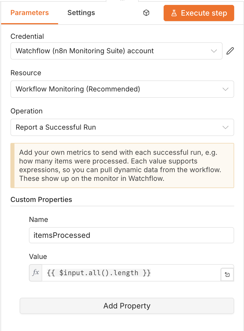 The watchflow node parameters: credential, Workflow Monitoring resource, Report a Successful Run operation, and custom properties